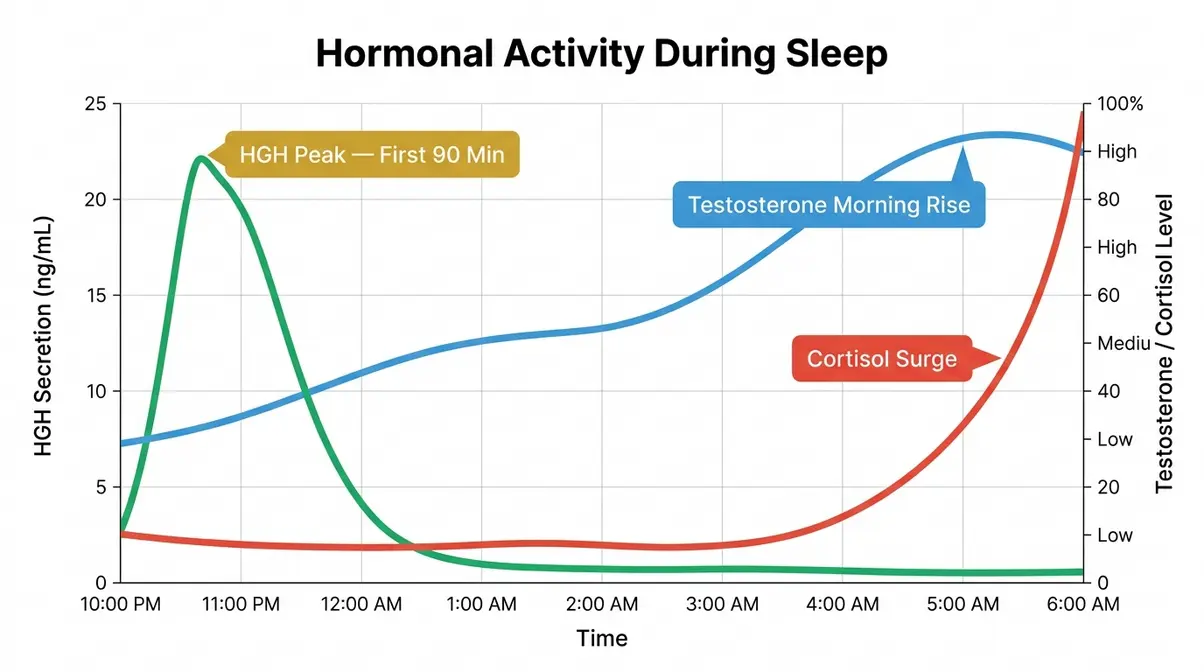 Infographic showing how HGH, testosterone, and cortisol fluctuate during sleep — illustrating how sleep affects muscle growth and recovery