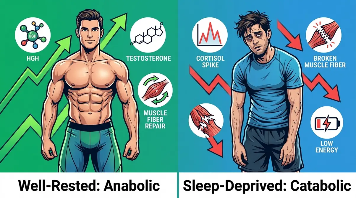 Comparison showing how sleep deprivation causes muscle loss by raising cortisol and suppressing muscle protein synthesis