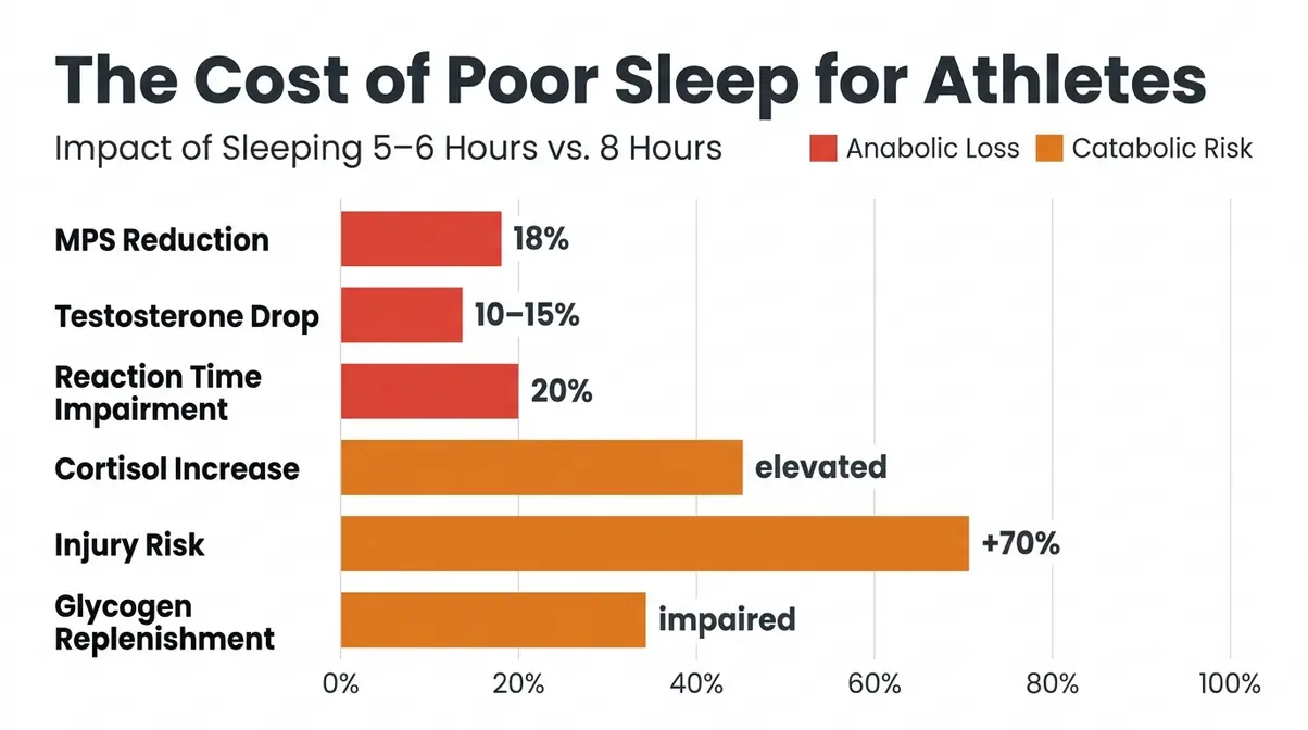 Chart showing performance costs of sleep deprivation for athletes including testosterone drop, cortisol spike, and injury risk increase