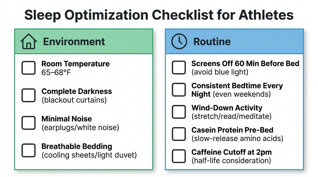 Sleep optimization checklist for athletes showing environment and routine protocols for better muscle recovery