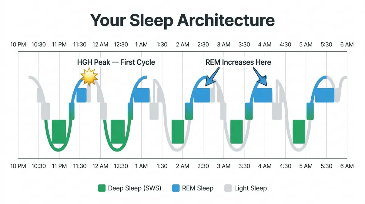How sleep affects muscle growth and recovery — sleep stage diagram showing HGH and REM cycles across a full night