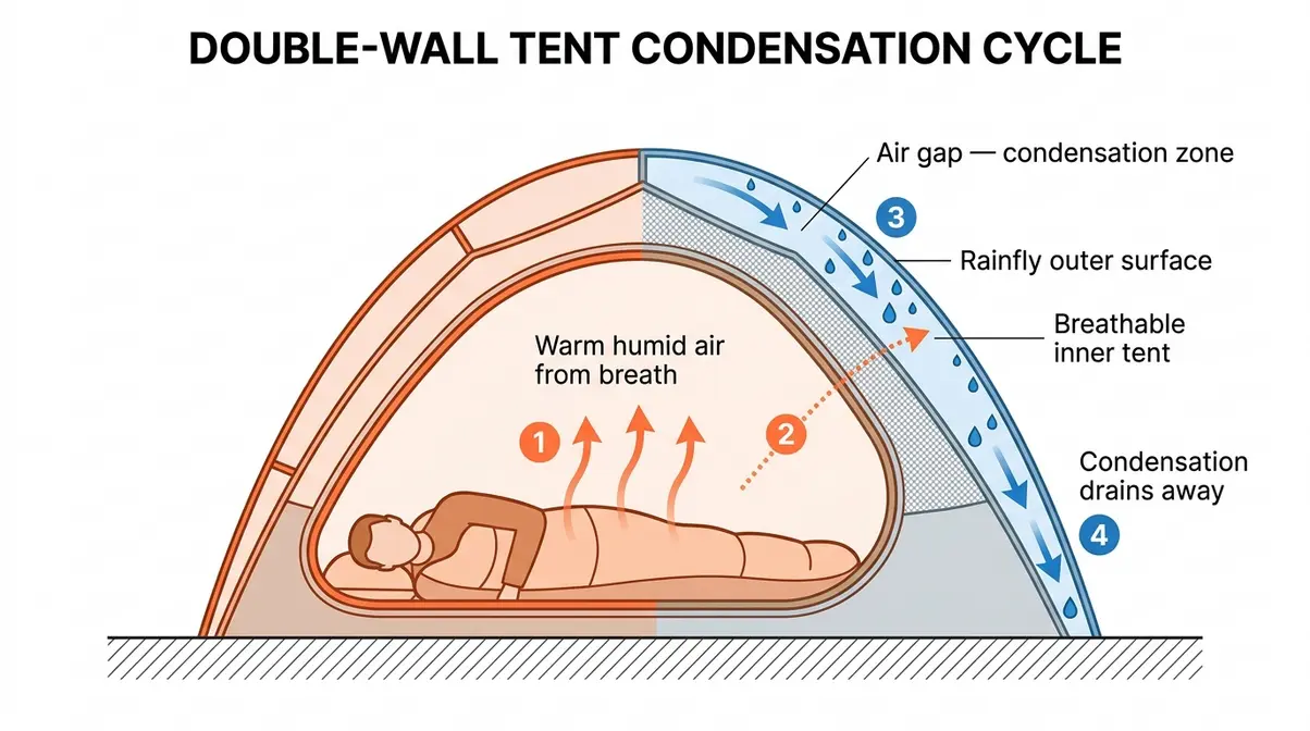 Diagram showing double-wall tent condensation cycle channeling moisture vapor away from the sleeping area through the air gap