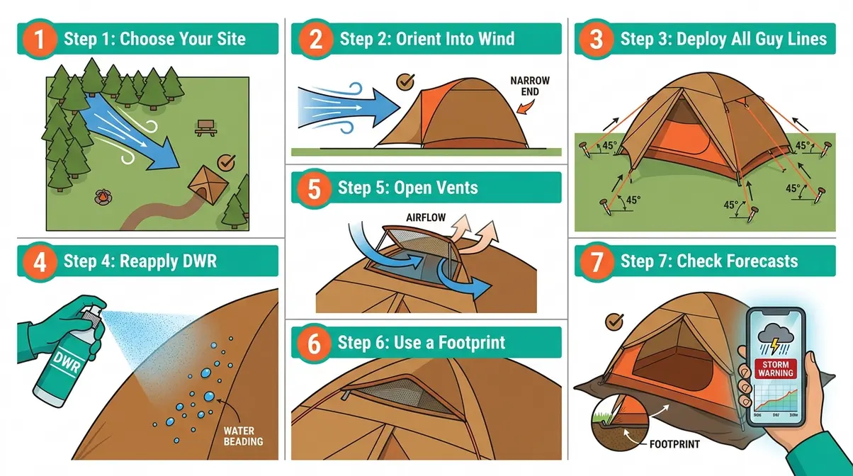 Illustrated seven-step storm tent setup guide showing site selection, wind orientation, and guy line deployment techniques