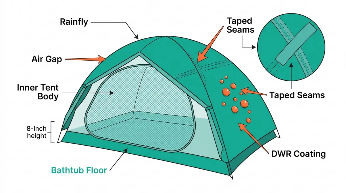 Illustrated tent anatomy diagram showing rainfly, bathtub floor, taped seams, and DWR coating for weather protection