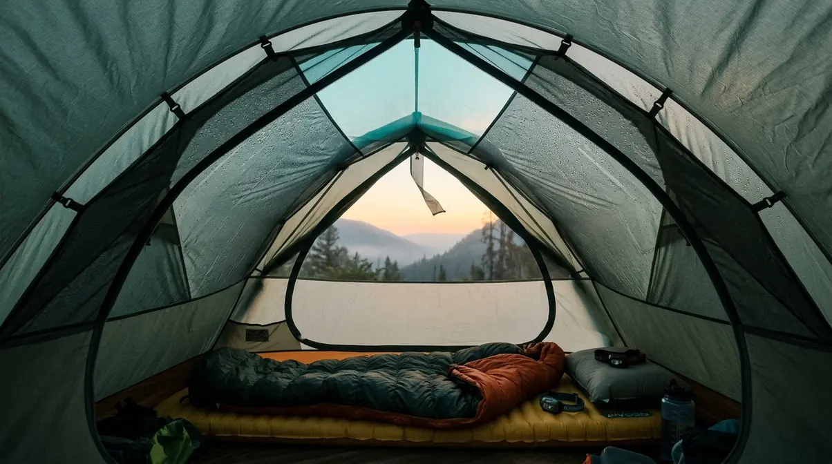 Tent interior showing double-wall air gap and open peak vent managing condensation away from the sleeping area