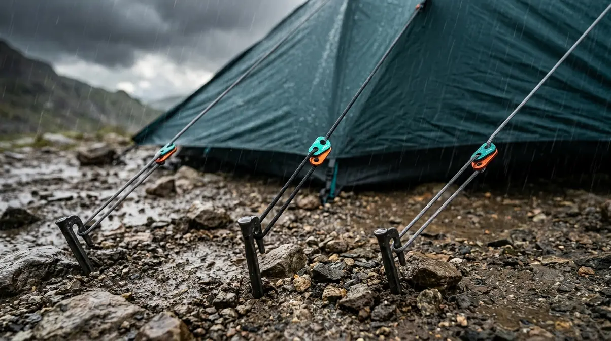 Tent guy lines staked at 45-degree angles in rocky ground during storm showing correct storm pitch technique