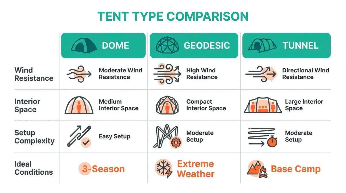 Side-by-side comparison chart of dome, geodesic, and tunnel tent shapes showing wind resistance, space, and ideal use