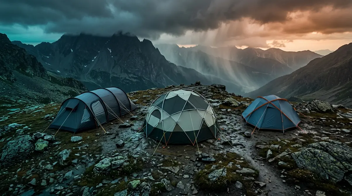 Aerial view of dome, geodesic, and tunnel tent shapes on rocky terrain showing how shape determines wind resistance