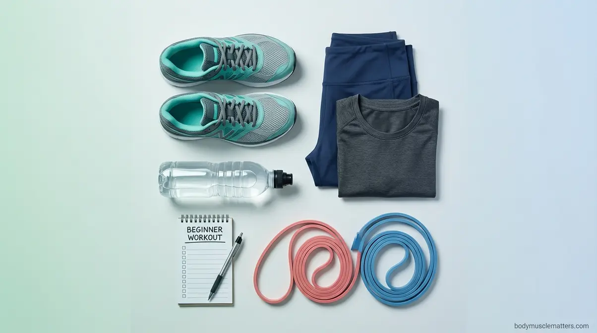 Beginner workout preparation checklist items — shoes, water bottle, resistance bands, and workout clothes