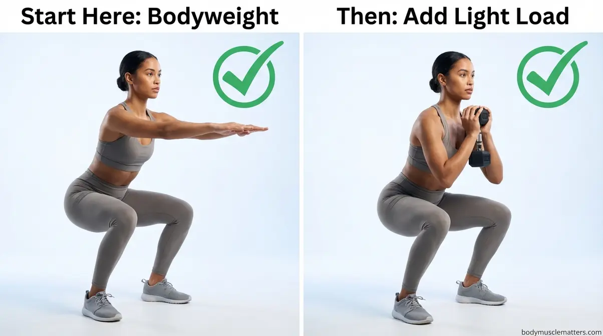 Correct exercise form progression from bodyweight squat to light loaded goblet squat for beginners