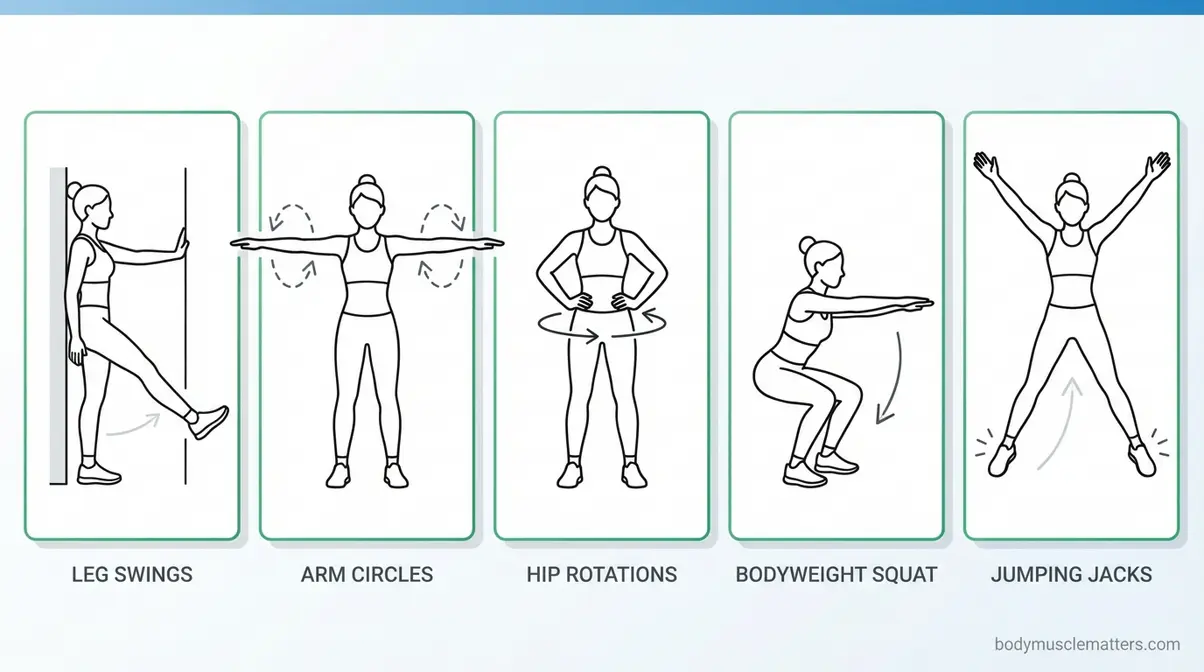 Five-step dynamic warm-up sequence showing leg swings arm circles hip rotations squats and jumping jacks