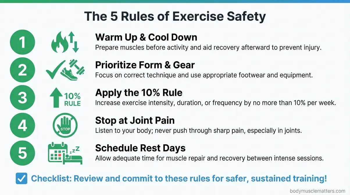 5 rules of exercise safety checklist for beginners printable gym guide infographic