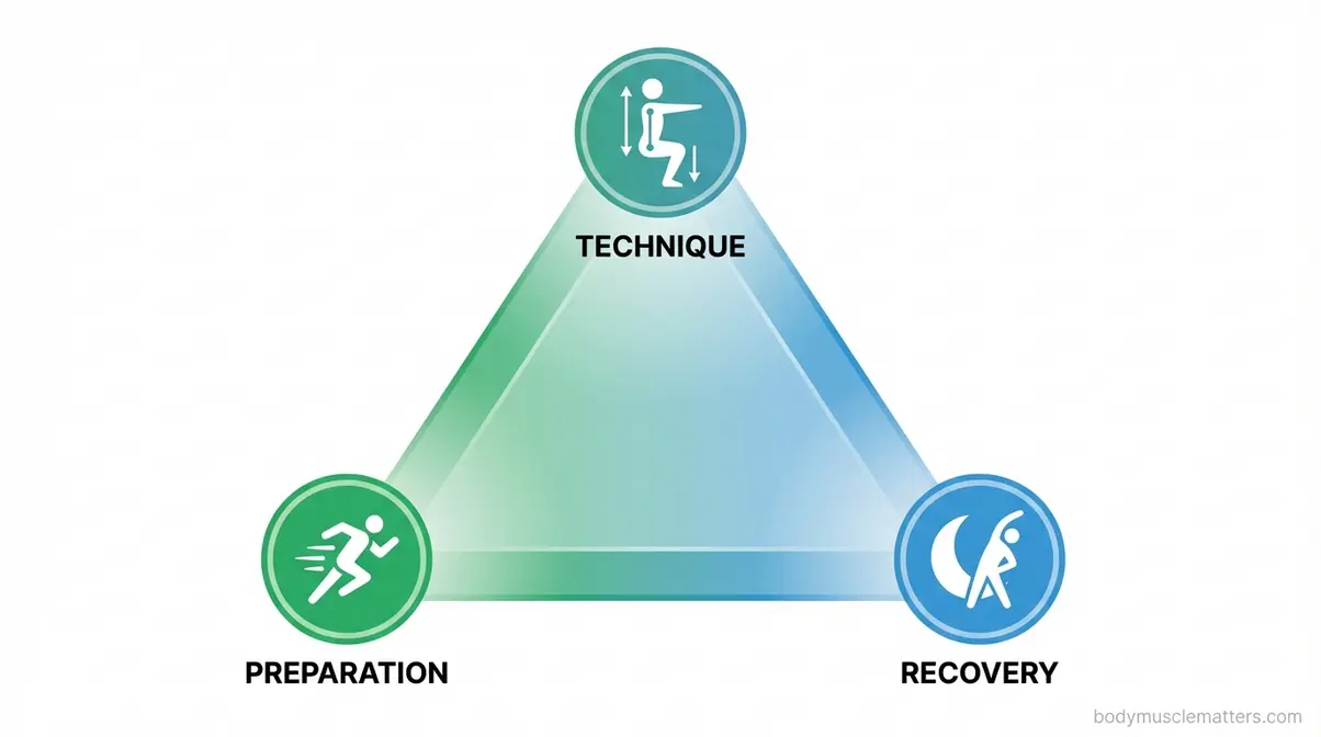 Injury-free triangle framework showing preparation technique and recovery as three pillars of exercise safety