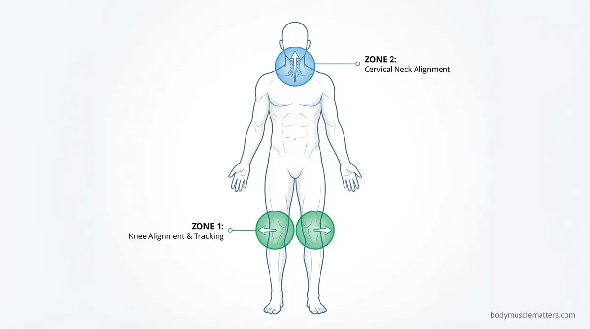 Joint protection guide highlighting knees and neck as most vulnerable areas during exercise with alignment cues