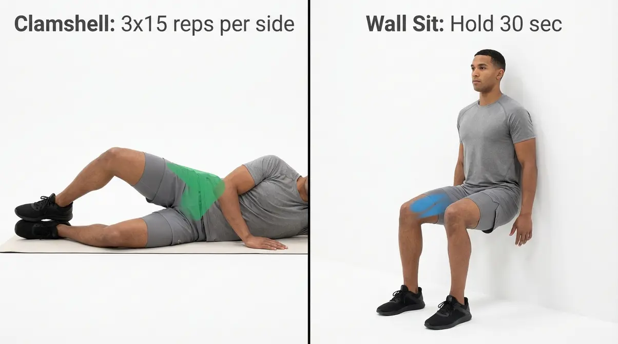Knee protection exercises showing clamshell and wall sit movements to strengthen knee-stabilizing muscles