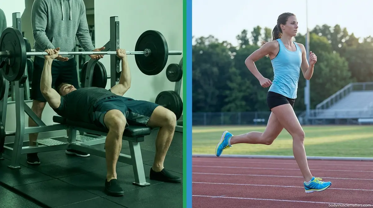 Lifting and running injury prevention comparison showing safe bench press form and proper running posture