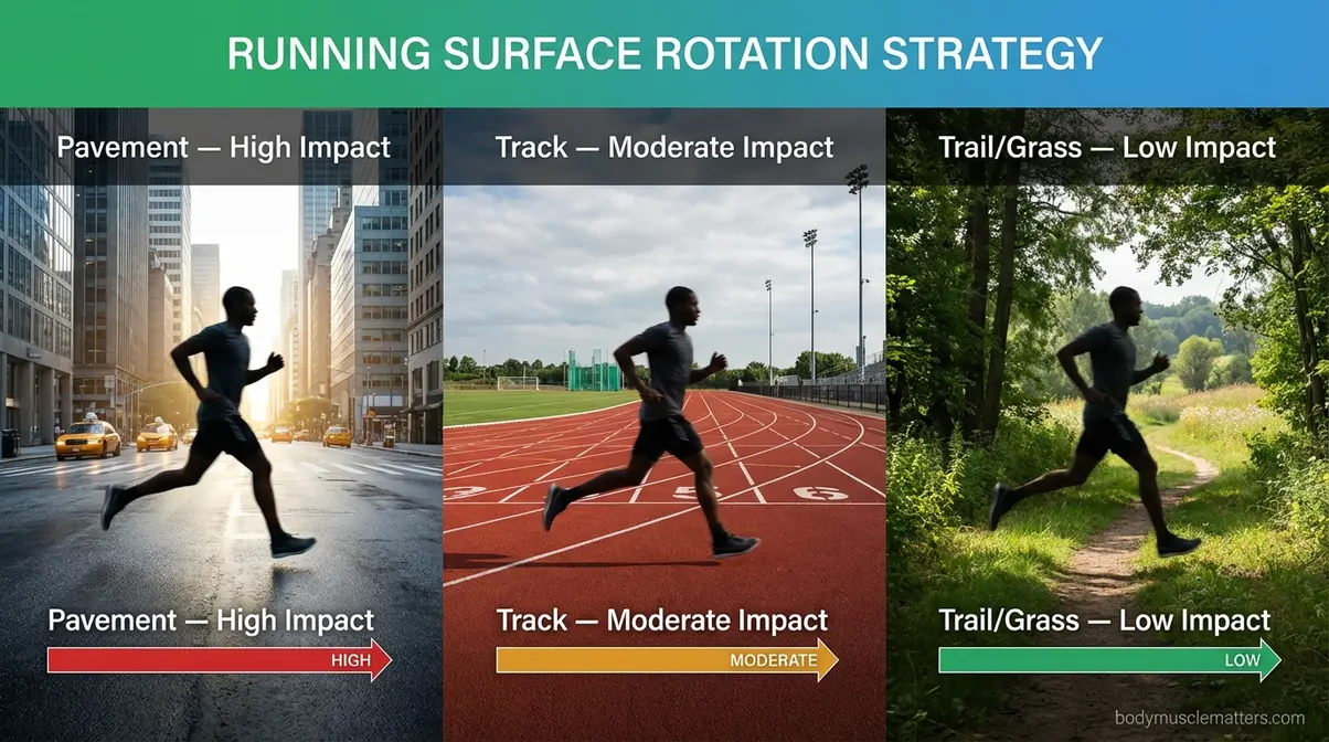 Running surface rotation strategy showing pavement track and trail options to prevent stress fractures