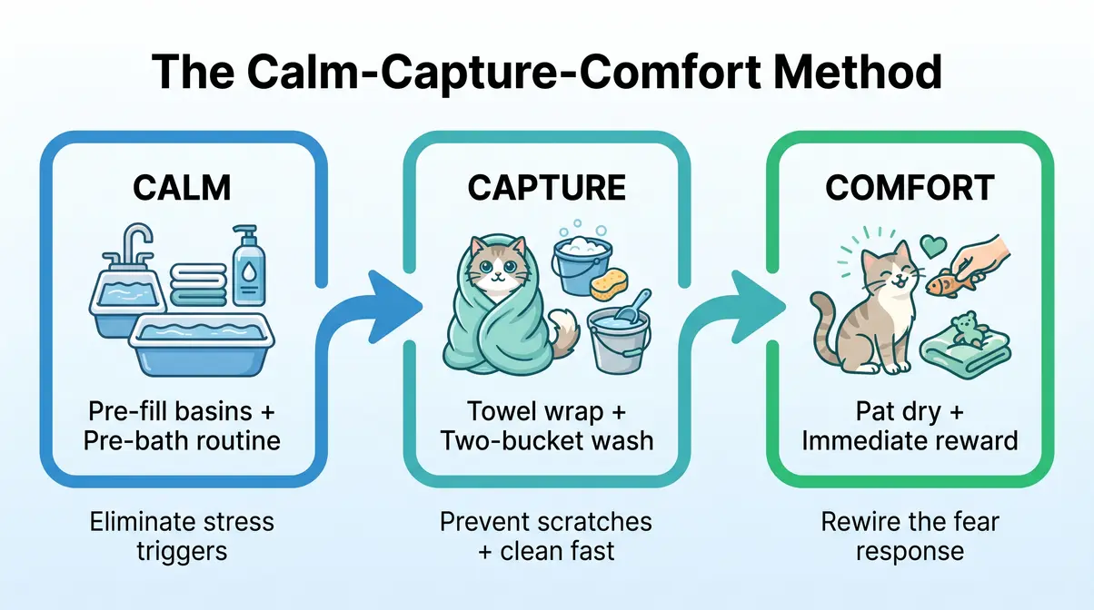 Three-phase Calm-Capture-Comfort Method flowchart infographic for bathing a cat that hates water