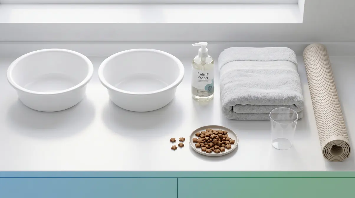 Overhead flat-lay of cat bath supplies including two basins, shampoo, towel, mat, cup, and treats