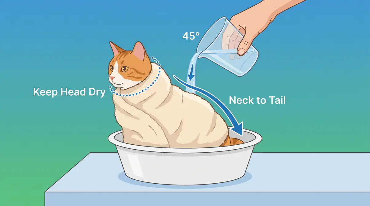 Illustrated diagram showing slow-pour water rinsing technique from neck to tail on a towel-wrapped cat