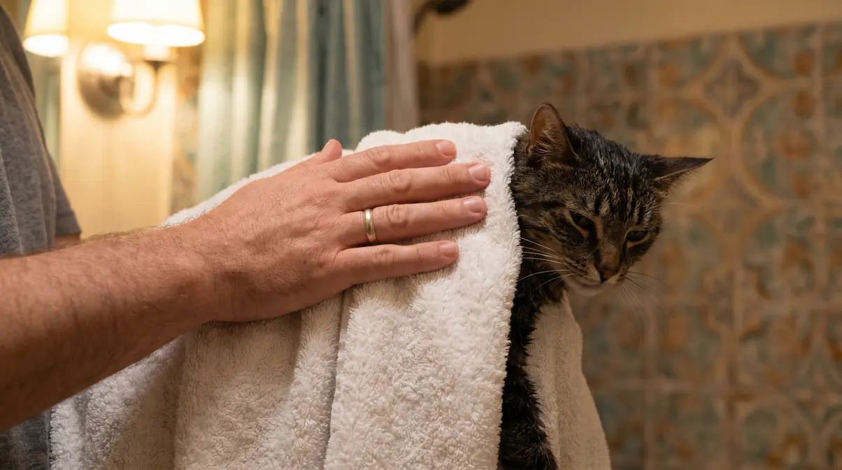 Hands pressing a towel against a damp cat using the correct pat-and-press drying technique