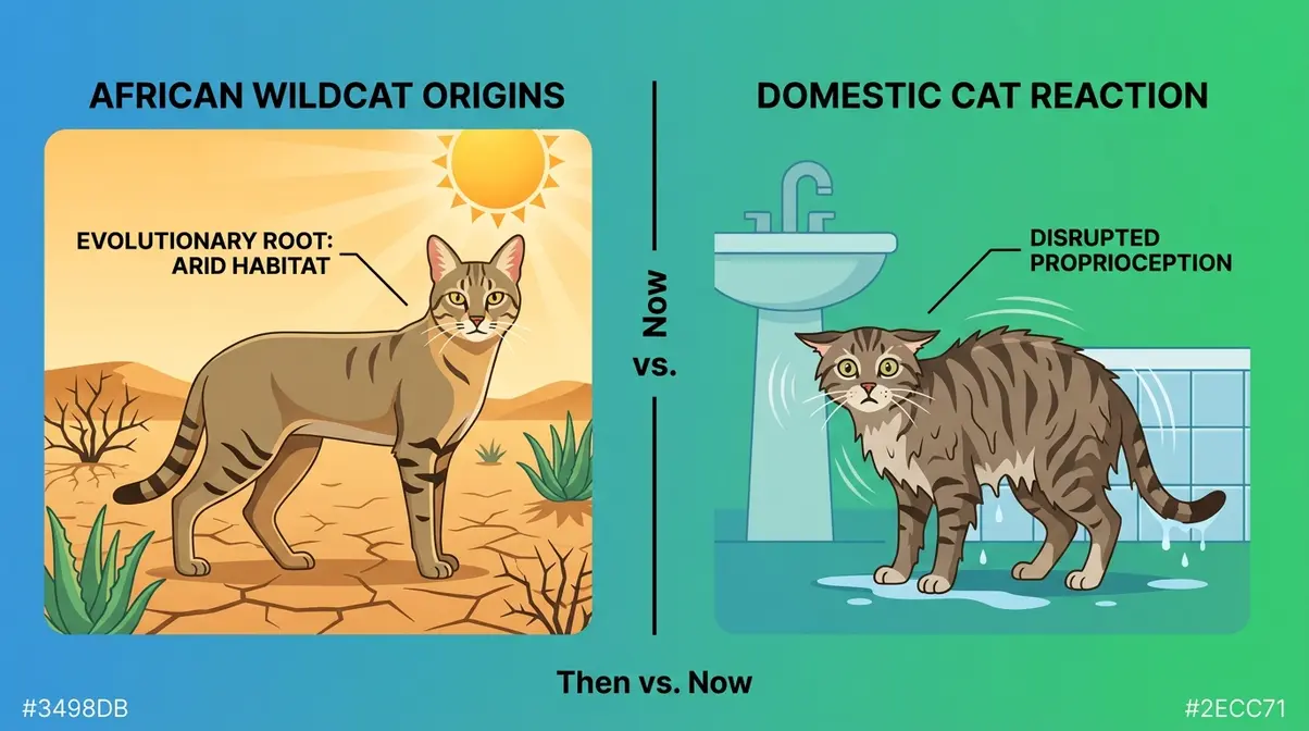 Split illustration showing African wildcat desert origins versus a wet domestic cat with disrupted balance