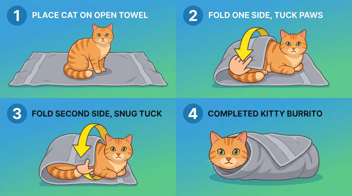 Four-step illustrated diagram showing how to do the kitty burrito towel wrap for cat bathing