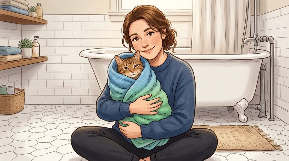 Person holding a completed kitty burrito towel-wrapped cat securely against their body before bathing