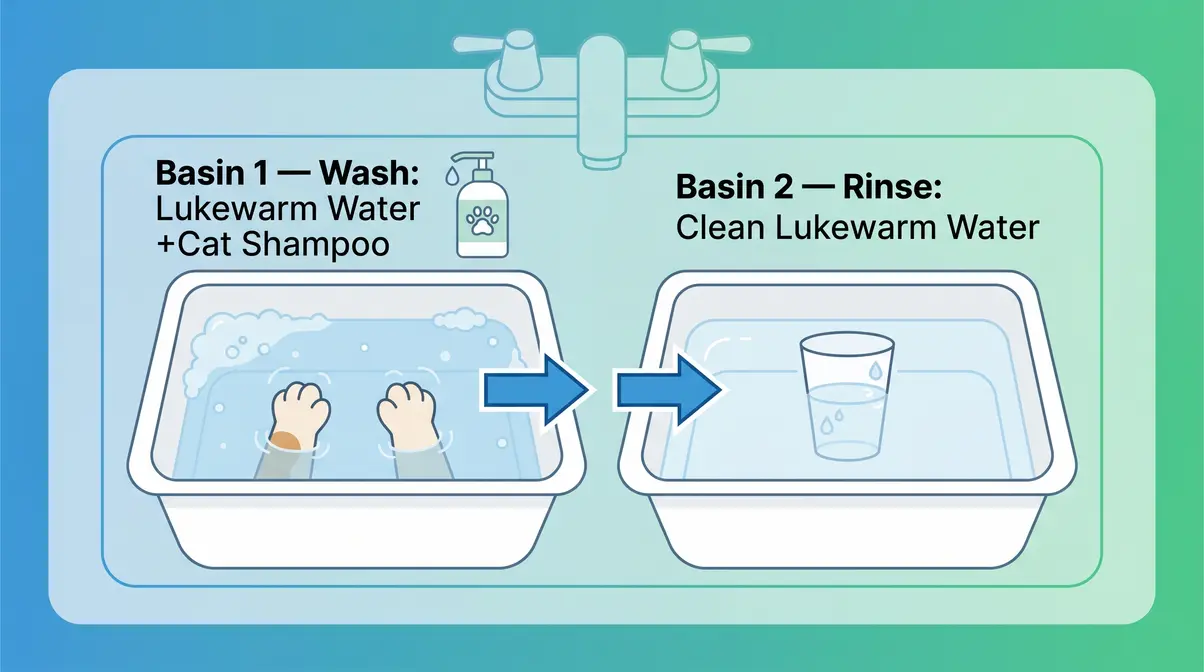 Diagram of two-bucket cat bathing method showing wash basin and rinse basin with flow arrows