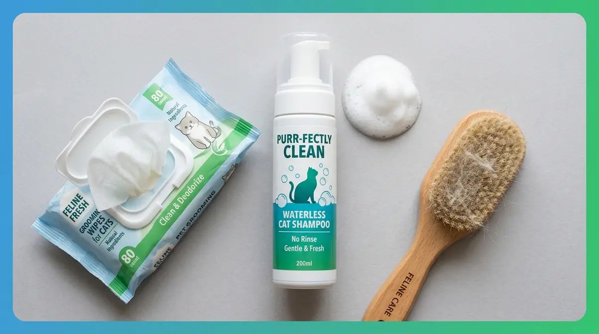 Waterless cat shampoo foam, grooming wipes, and a cat brush as alternatives to water bathing