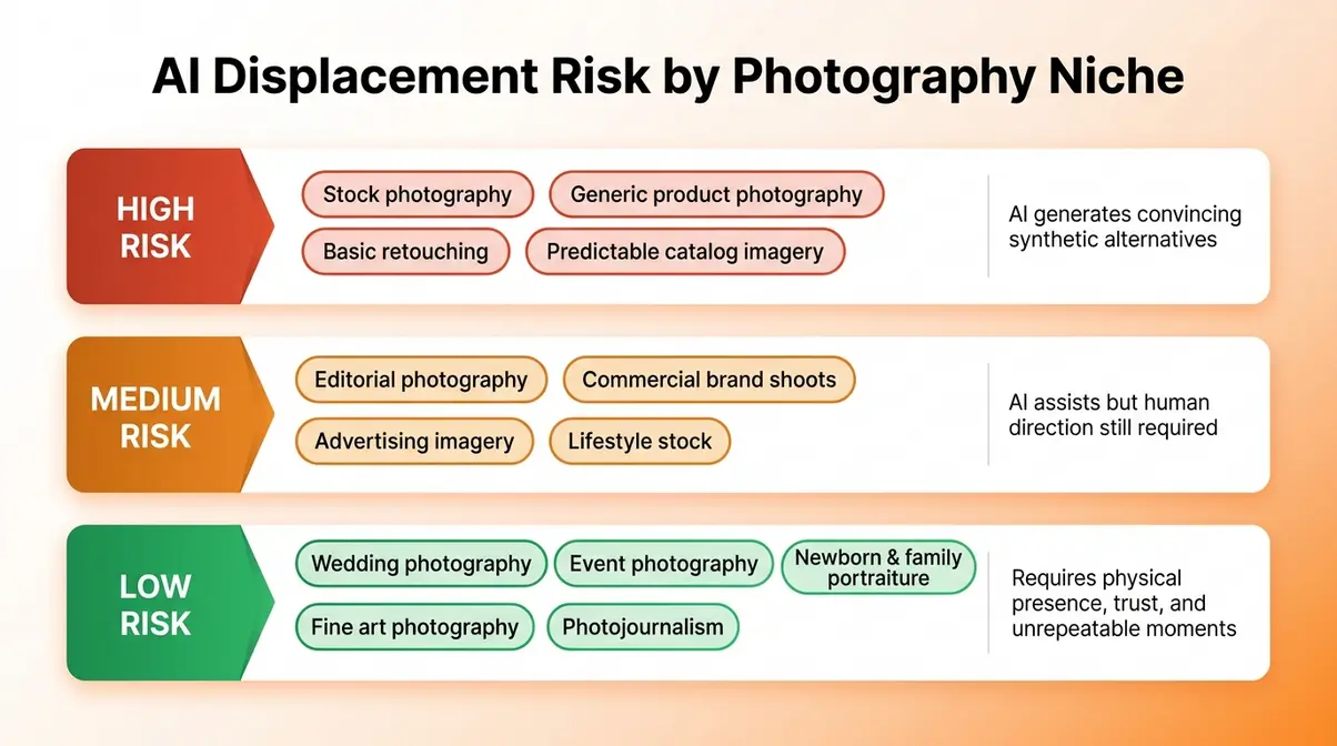 AI impact on photography niches risk matrix showing high, medium, and low displacement risk by specialty