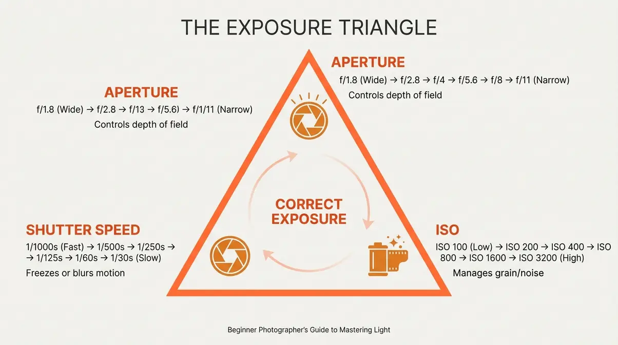 Exposure triangle diagram showing aperture, shutter speed, and ISO for beginner photographers