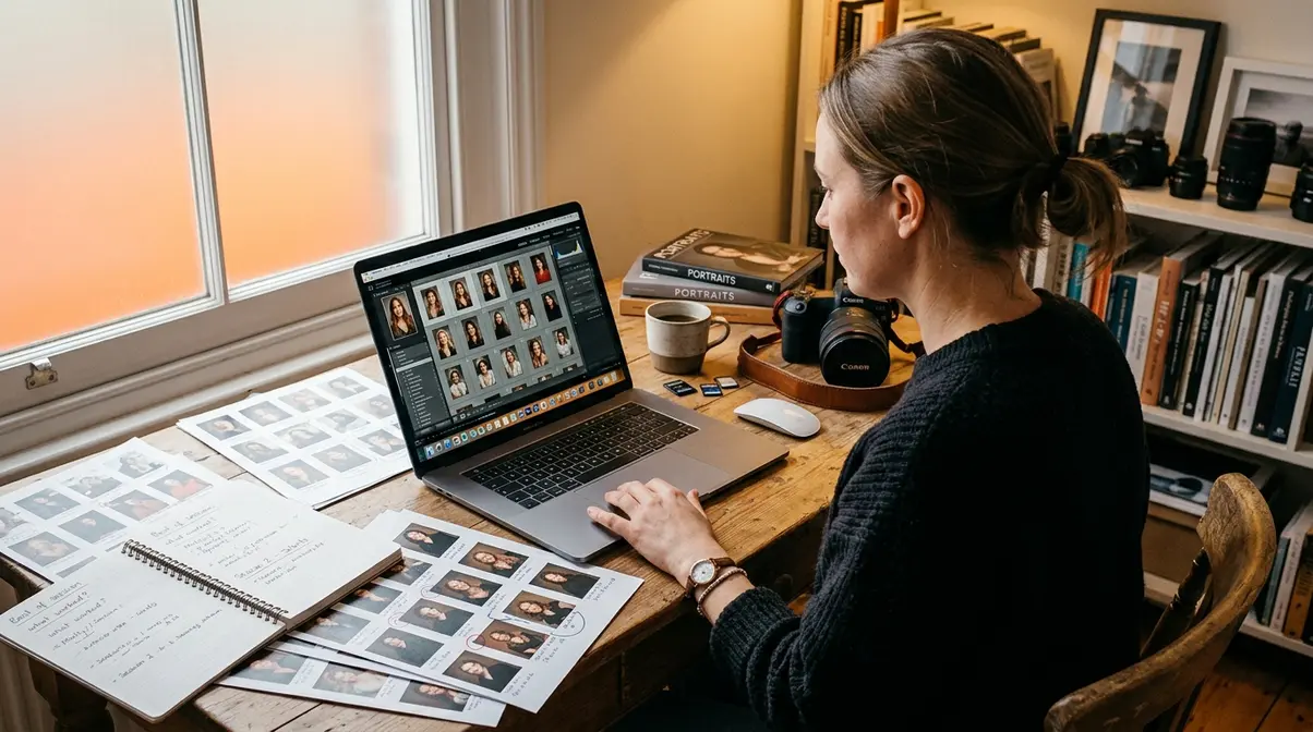 Photographer reviewing and editing photos on laptop during daily practice session at desk