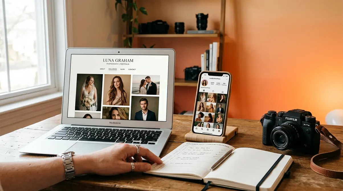 Photographer building online presence with Instagram portfolio and photography website on laptop and phone