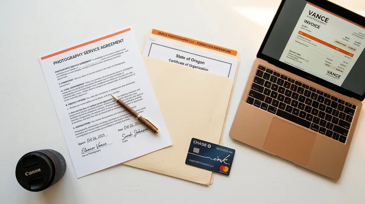Photography business setup flat lay showing contract, LLC paperwork, business card, and invoice on desk