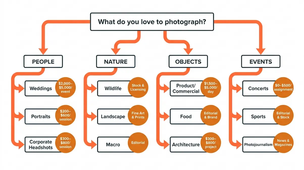 Photography niche selection flowchart helping aspiring photographers choose a specialty based on interests and income goals