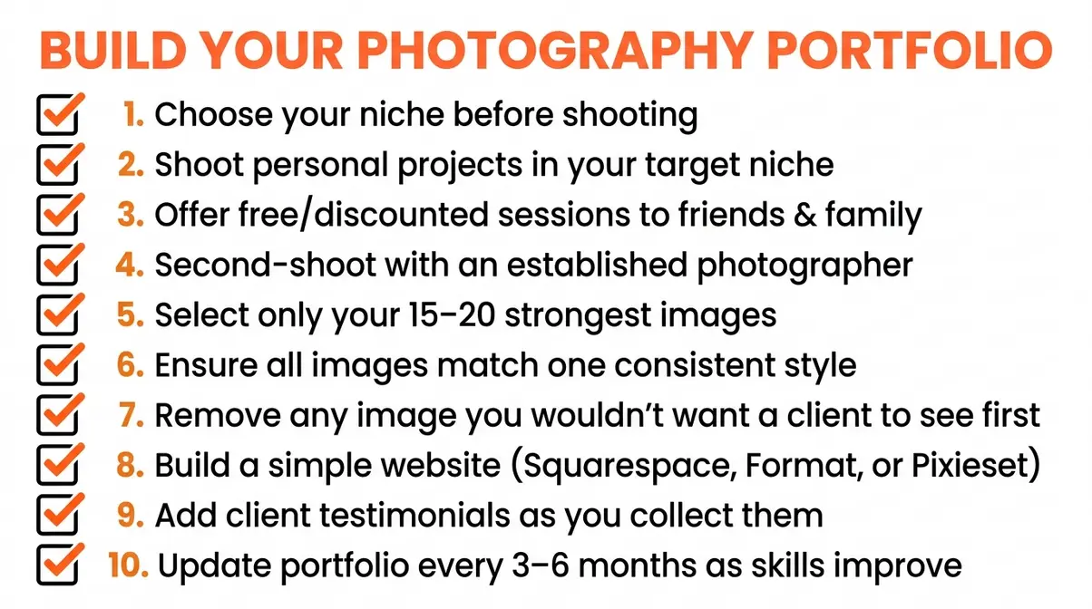 Photography portfolio building checklist with 10 steps for beginners from personal projects to client-ready gallery