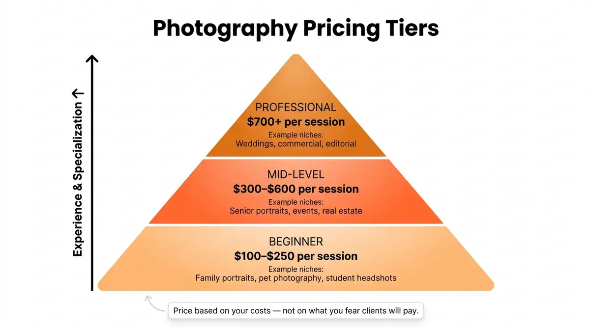 Photography pricing tiers pyramid showing beginner, mid-level, and professional session rates with example niches