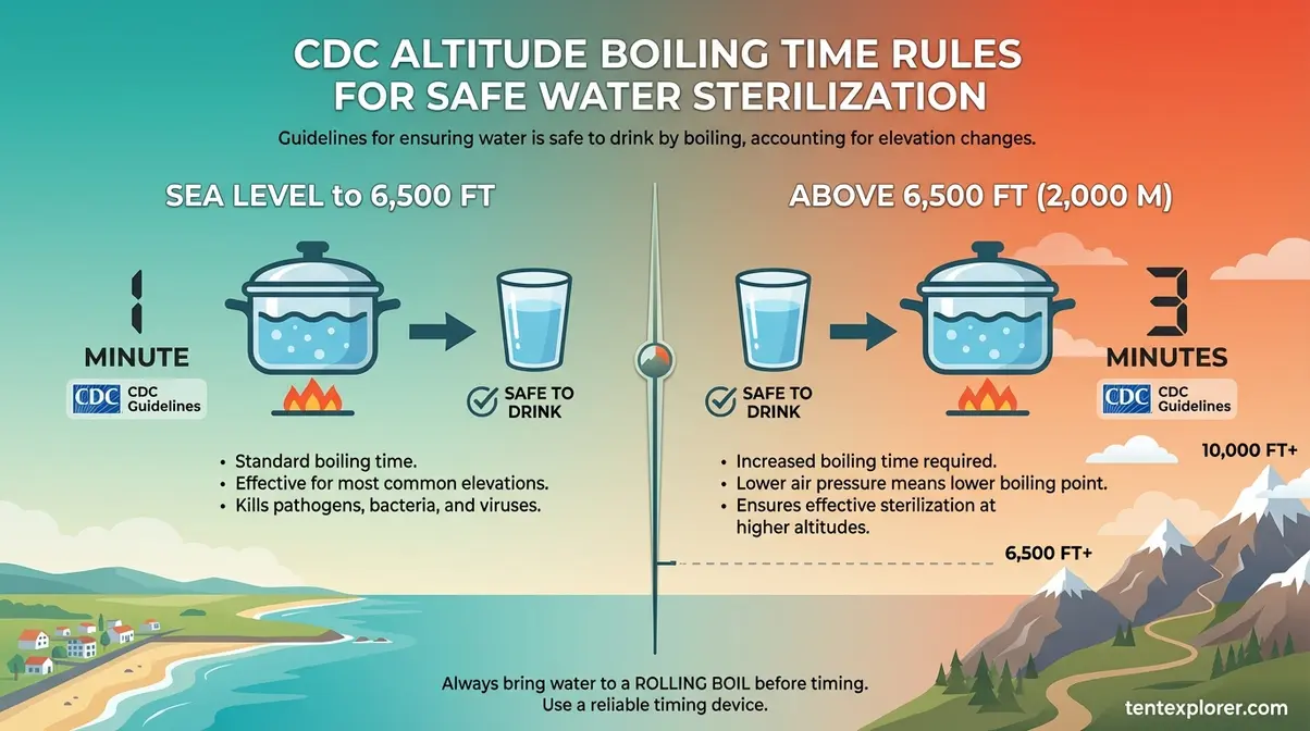 how to boil water when camping altitude chart showing 1 minute rule sea level and 3 minute rule above 6500 feet
