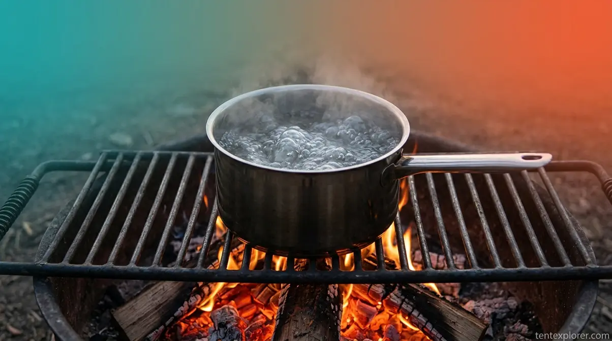 Stainless steel pot reaching a rolling boil over a camping fire grate