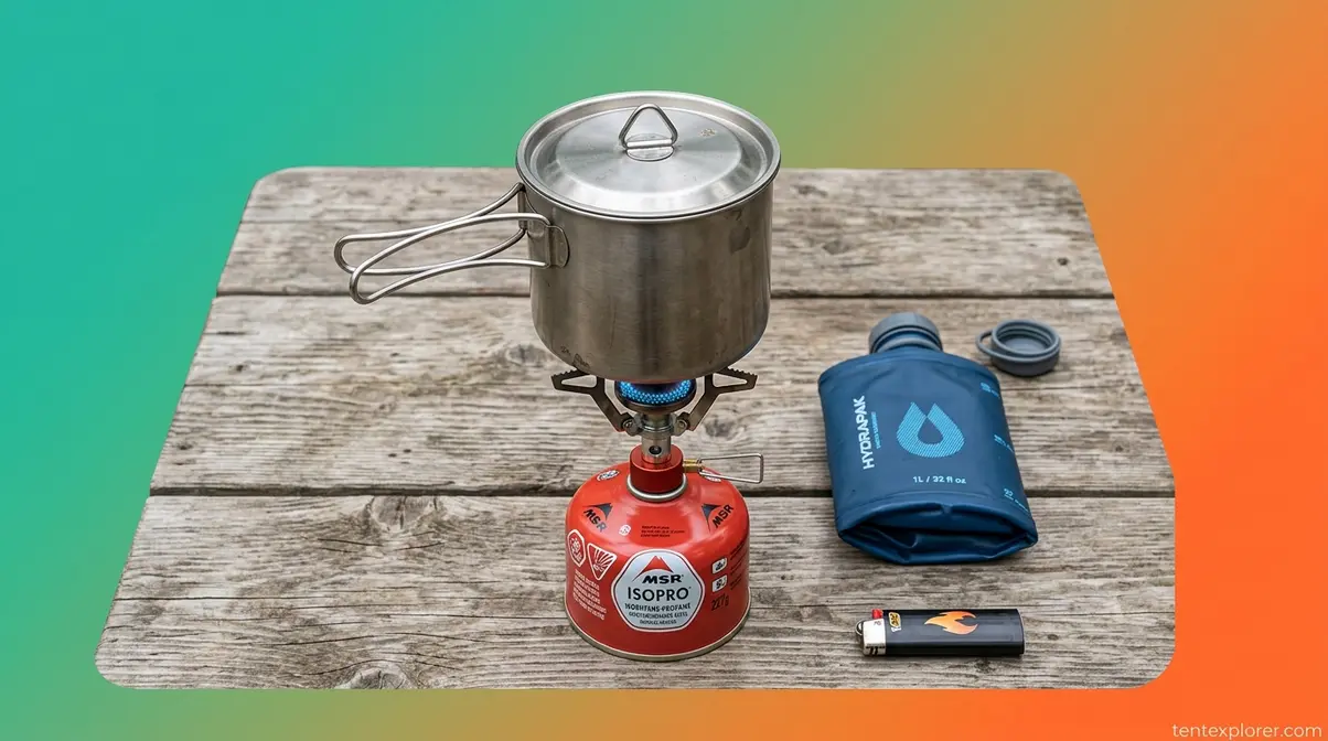 Essential gear for boiling water safely while camping including pot and stove