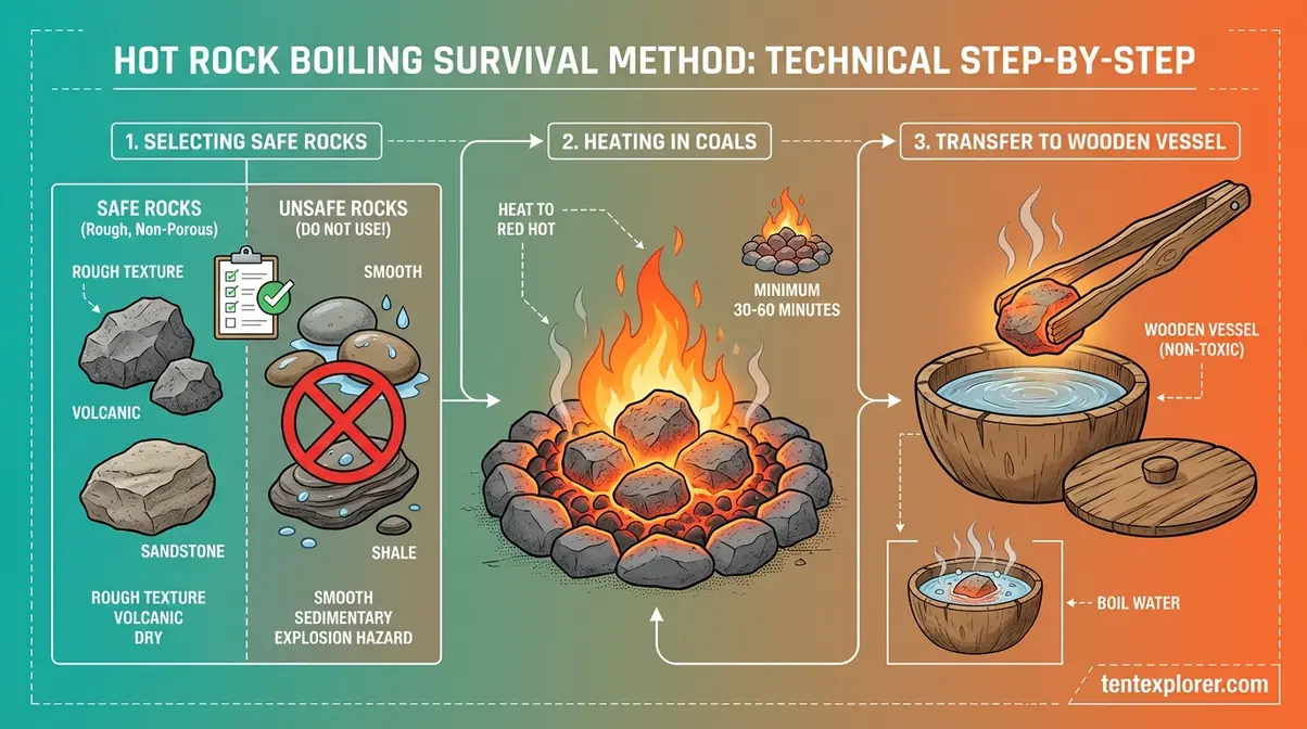 step-by-step hot rock boiling method for camping showing safe rock selection and water heating process