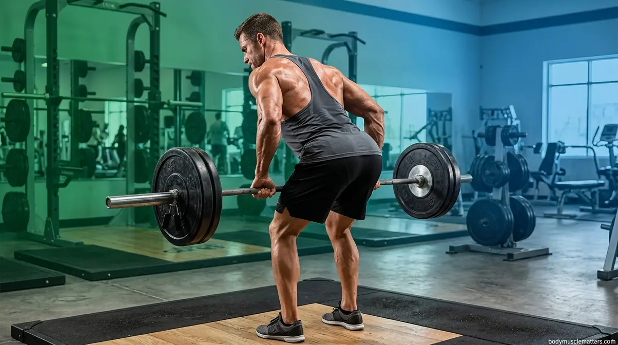 Athlete performing bent-over barbell row showing proper back muscle engagement technique