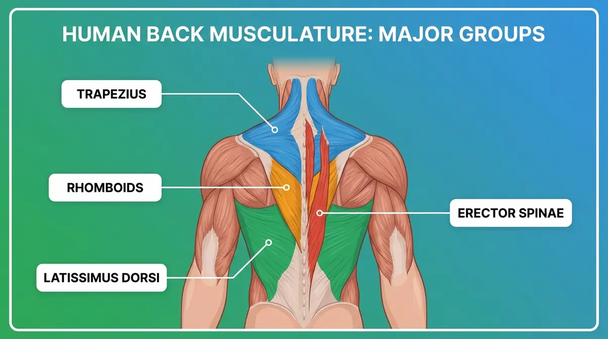 Anatomy diagram showing how to build back muscles including lats, traps, rhomboids, and erector spinae