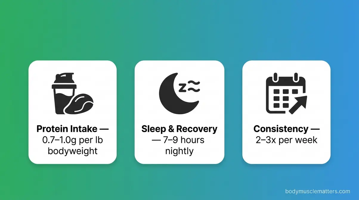 Three key factors that speed up back muscle building: protein intake, sleep recovery, and training consistency