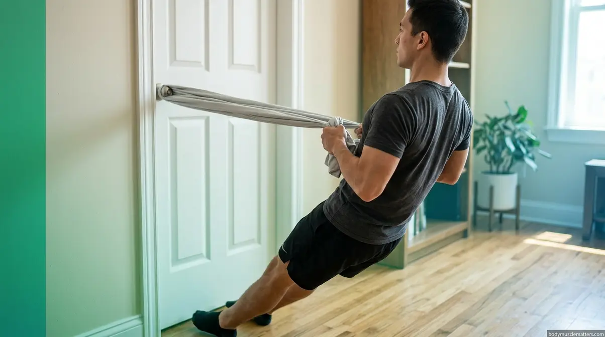 Person performing bedsheet row at home to build back muscles without gym equipment