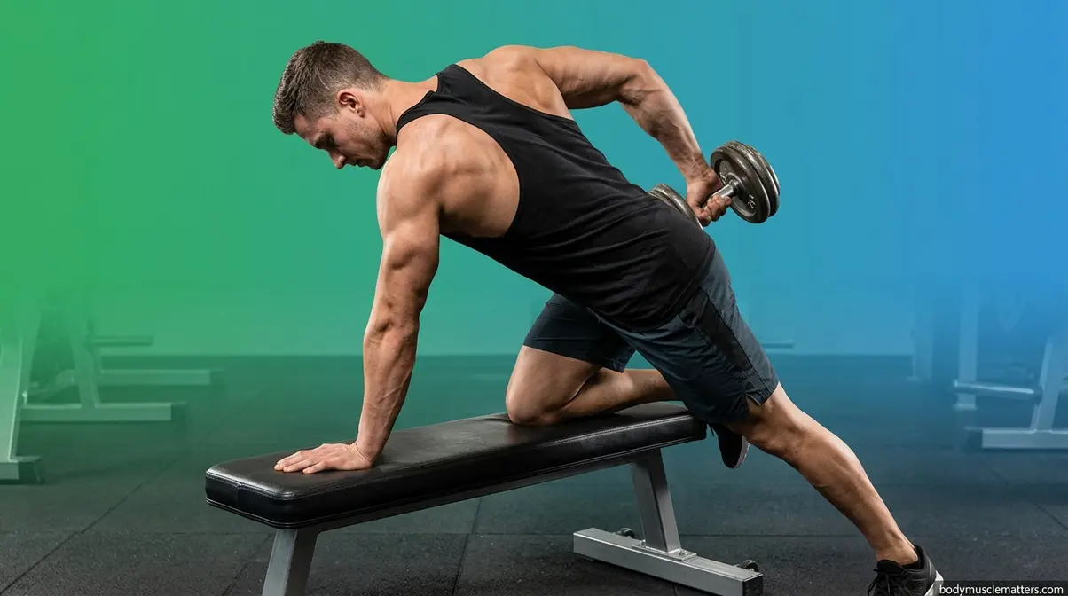Athlete performing single-arm dumbbell row on bench for back muscle development
