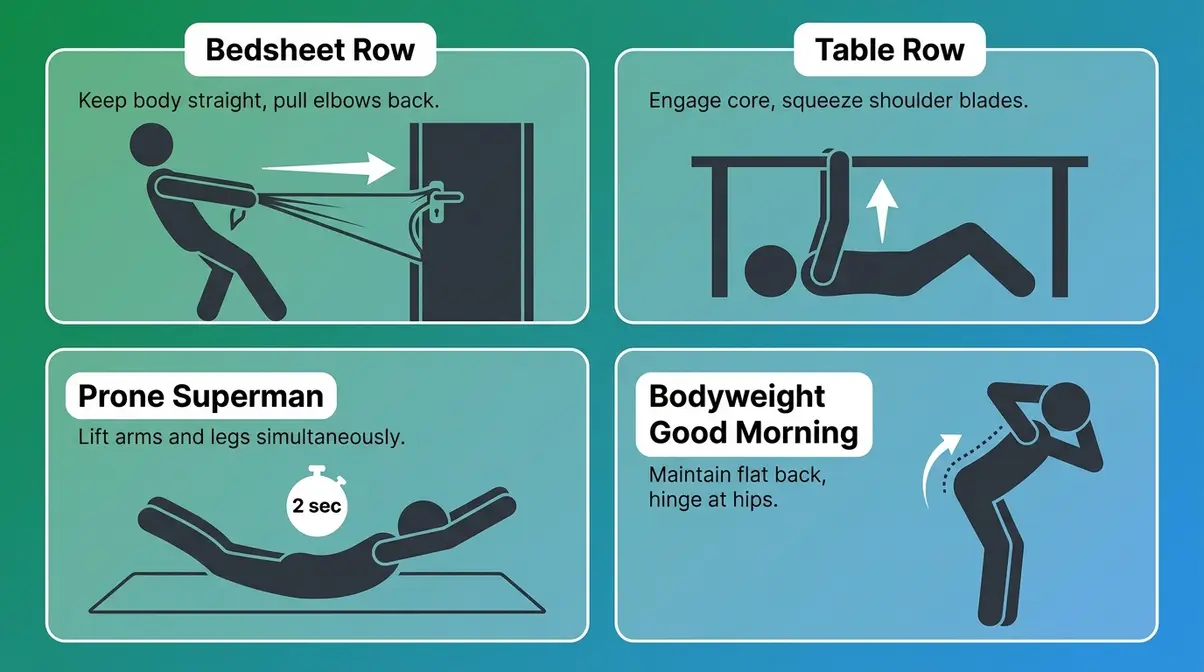 Illustrated guide showing how to build back muscles at home with bodyweight exercises