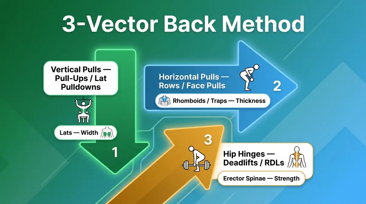 The 3-Vector Back Method diagram showing how to build back muscles through vertical pulls, horizontal pulls, and hip hinges