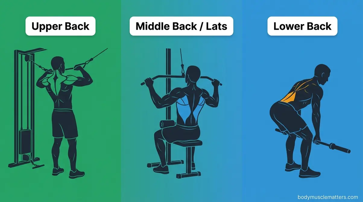 Three-panel illustration showing exercises targeting upper, middle, and lower back muscle regions